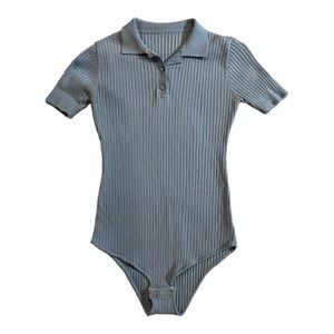 | rumi neely | Are You Am I Light Blue Ribbed Short Sleeve Bodysuit MED